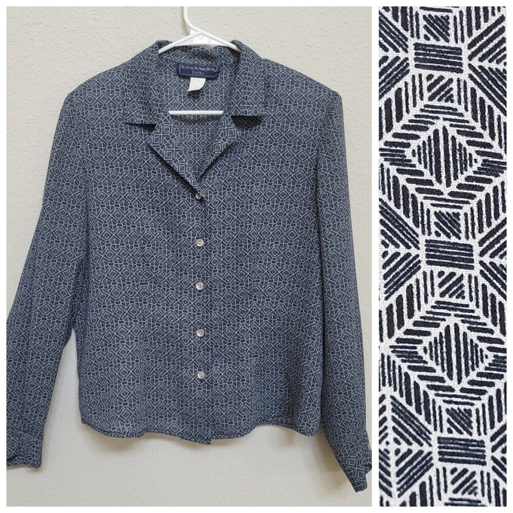 Norton McNaughton Vintage Blouse Women's 12P Navy Blue Geometric Long Sleeve 90s